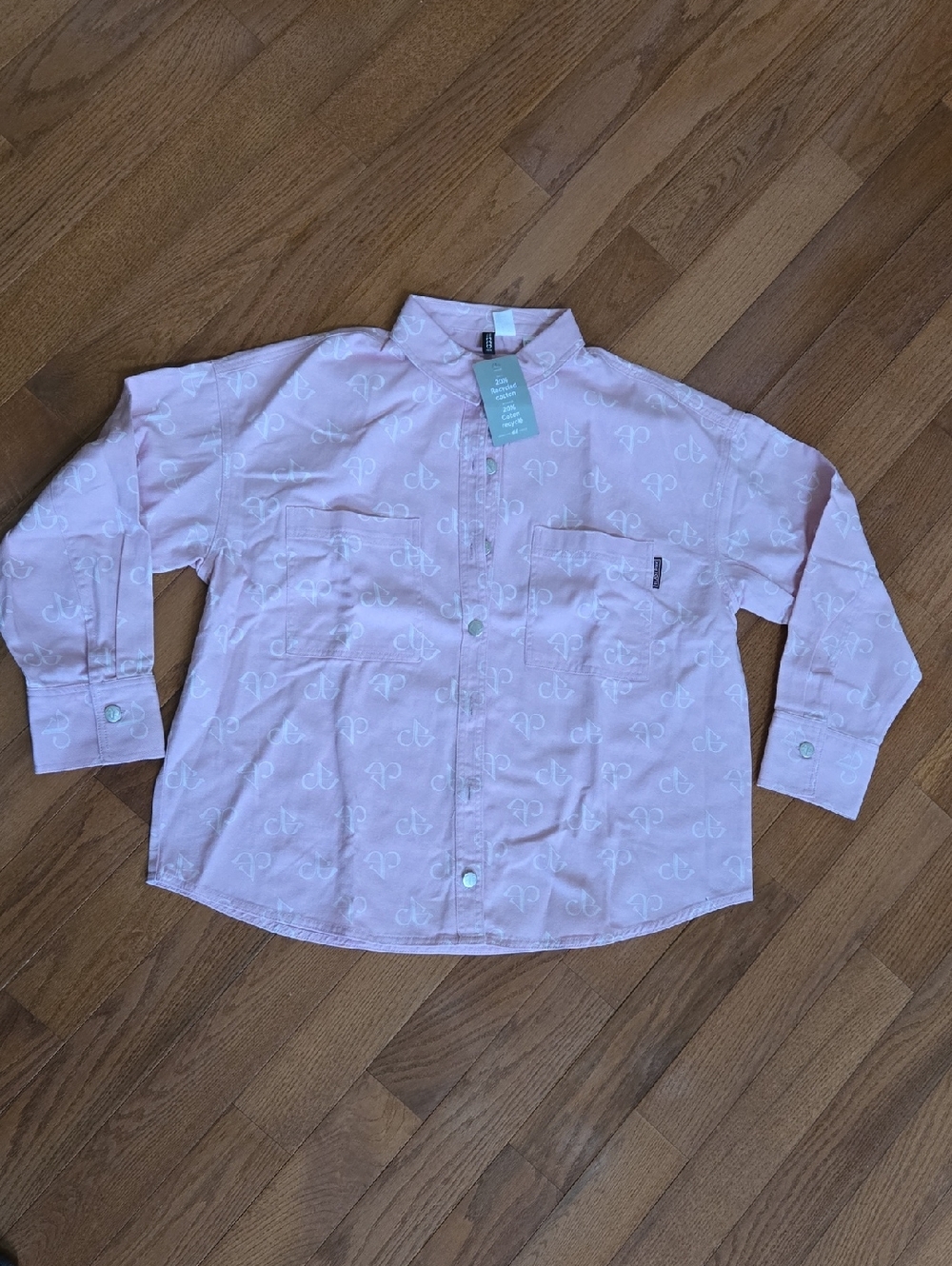 H&M Women's Medium Light Pink Logo-Print Oversized Button-Down Cotton Shacket